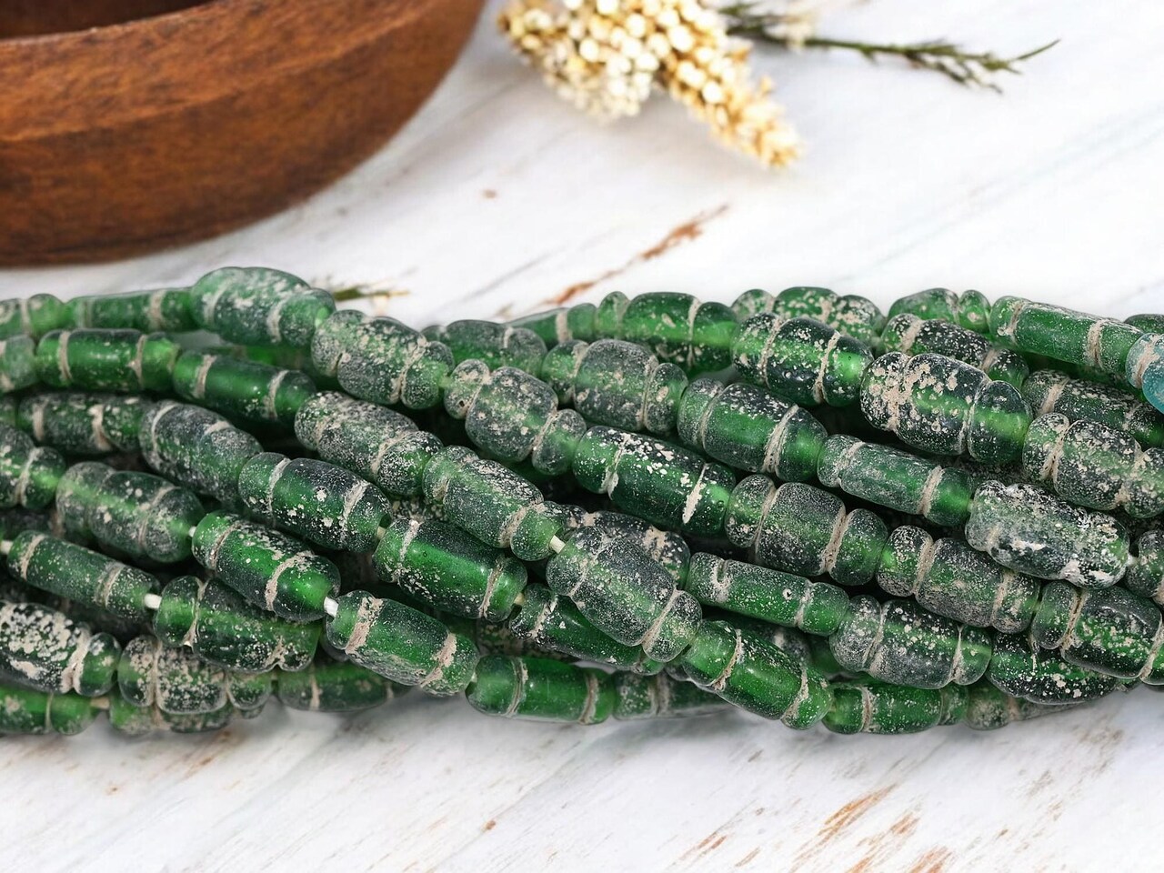14x8mm Rustic Aged Emerald Green Indonesian Java Glass "Bottle" Beads (18" Strand)